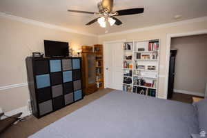 Principle Bedroom with extra space in turret, ceiling fan, and crown molding