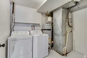 Laundry area featuring water heater, independent washer and dryer, and heating unit
