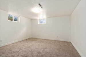Below grade area with a textured ceiling, carpet floors, visible vents, and baseboards