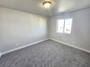 Empty room with a textured ceiling, visible vents, carpet flooring, and baseboards
