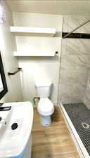 Bathroom with wood finished floors, a sink, a shower stall, and toilet
