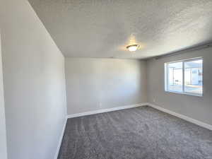 Carpeted spare room featuring a textured ceiling, visible vents, and baseboards