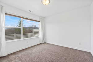 Carpeted spare room with baseboards and visible vents