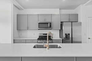 Kitchen with gray cabinetry, stainless steel appliances, and light countertops