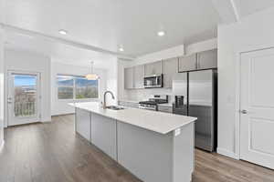 Kitchen featuring stainless steel appliances, light countertops, wood finished floors, a sink, and gray cabinetry
