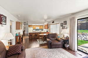 Living room, dining room and kitchen