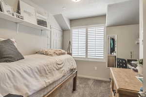 Bedroom featuring lofted ceiling, baseboards, carpet, and a textured ceiling