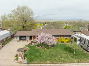 View of front facade featuring driveway, a front yard, a carport, and a mountain view