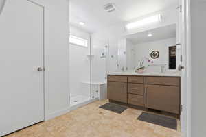 Full bath featuring a shower stall, double vanity, a sink, and visible vents