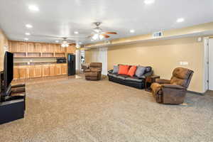 Family room with built-in cabinets