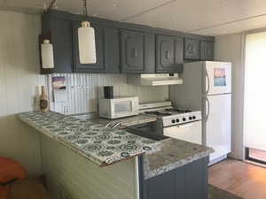 Kitchen with a peninsula, wood finished floors, white appliances, gray cabinets, and under cabinet range hood