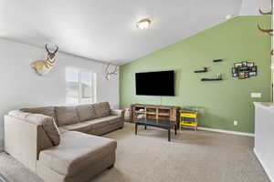 Carpeted living area featuring lofted ceiling, a textured ceiling, and baseboards
