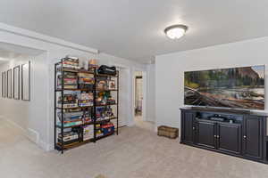 Interior space featuring light colored carpet, baseboards, and visible vents