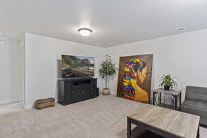 Carpeted living area with baseboards, a textured ceiling, and visible vents