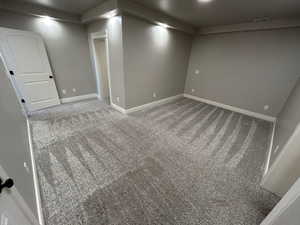 Basement featuring carpet floors, baseboards, and visible vents