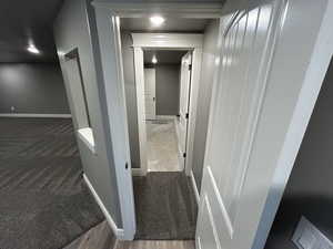 Corridor with baseboards and carpet