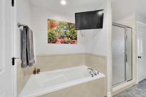 Full bathroom with recessed lighting, a bath, and a shower stall