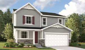 View of front of property featuring concrete driveway, an attached garage, stone siding, and a front lawn