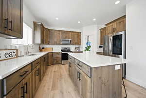 Kitchen with a center island, a sink, light wood-type flooring, stainless steel appliances, and recessed lighting