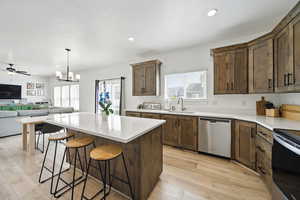 Kitchen with light wood-style flooring, a sink, electric range, open floor plan, and dishwasher