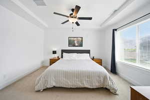 Bedroom featuring light carpet, a tray ceiling, visible vents, and baseboards