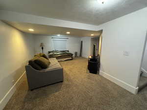 Carpeted living room with recessed lighting, a textured ceiling, and baseboards