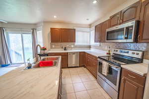Kitchen with backsplash, plenty of natural light, appliances with stainless steel finishes, and a sink