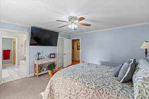 Carpeted bedroom featuring ceiling fan, ornamental molding, ensuite bathroom, and tile patterned floors