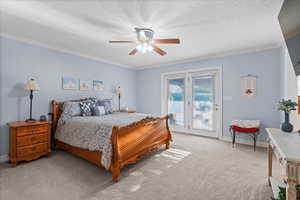 Bedroom with light carpet, baseboards, access to outside, and crown molding