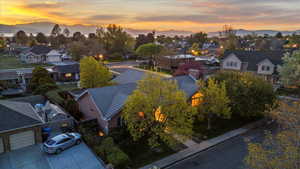Drone / aerial view with a residential view and a mountain view