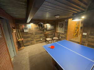 Rec room with visible vents and wooden walls