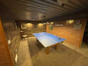 Rec room featuring wood walls and brick wall
