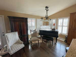 Living area featuring lofted ceiling, a healthy amount of sunlight, and dark wood-style floors