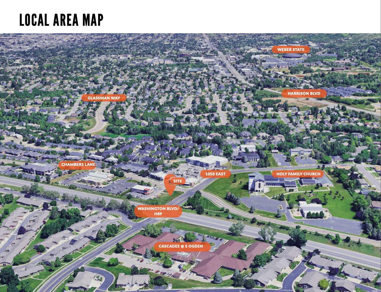 Aerial perspective of the local area, highlighting key thoroughfares Washington Blvd/H89 and Harrison Blvd