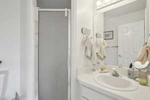 Bathroom with vanity and a stall shower