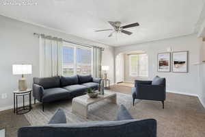 Living area featuring carpet floors, a ceiling fan, and plenty of natural light