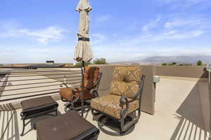 View of patio featuring a mountain view