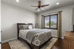 Bedroom with recessed lighting, wood finished floors, visible vents, and baseboards