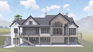 Rear view of house featuring stone siding, stairs, and a mountain view