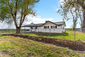Exterior space with a fenced backyard and a front lawn