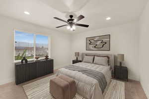 Bedroom with baseboards, light colored carpet, recessed lighting, and ceiling fan