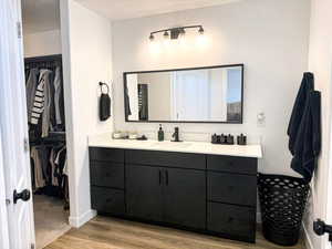 Bathroom featuring baseboards, wood finished floors, a spacious closet, and vanity