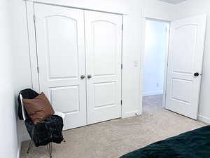 Bedroom featuring carpet floors, a closet, and baseboards