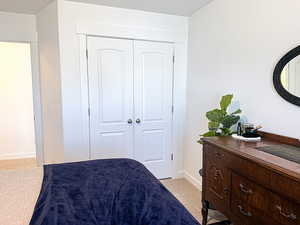 Bedroom with baseboards, a closet, and light colored carpet