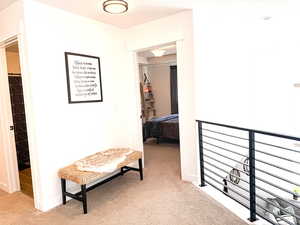 Hall featuring carpet floors and baseboards