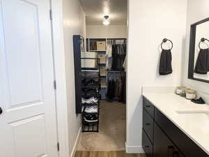 Bathroom featuring wood finished floors, baseboards, vanity, and a walk in closet