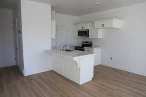 Kitchen with light wood finished floors, stainless steel appliances, a peninsula, a sink, and light countertops