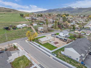 Birds eye view of property with a mountain view and a residential view