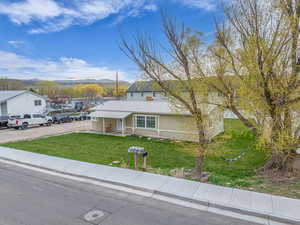 View of front of home with metal roof, a mountain view, and a front yard