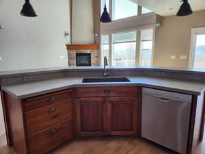 Kitchen featuring a sink, open floor plan, light wood flooring, dishwasher, and a fireplace